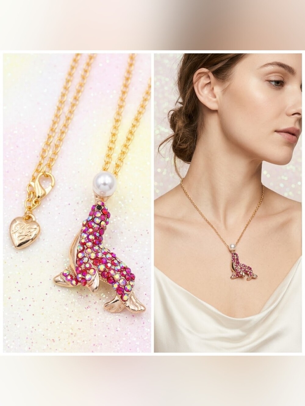 Adorable crystal rhinestone seal necklace & Brooch